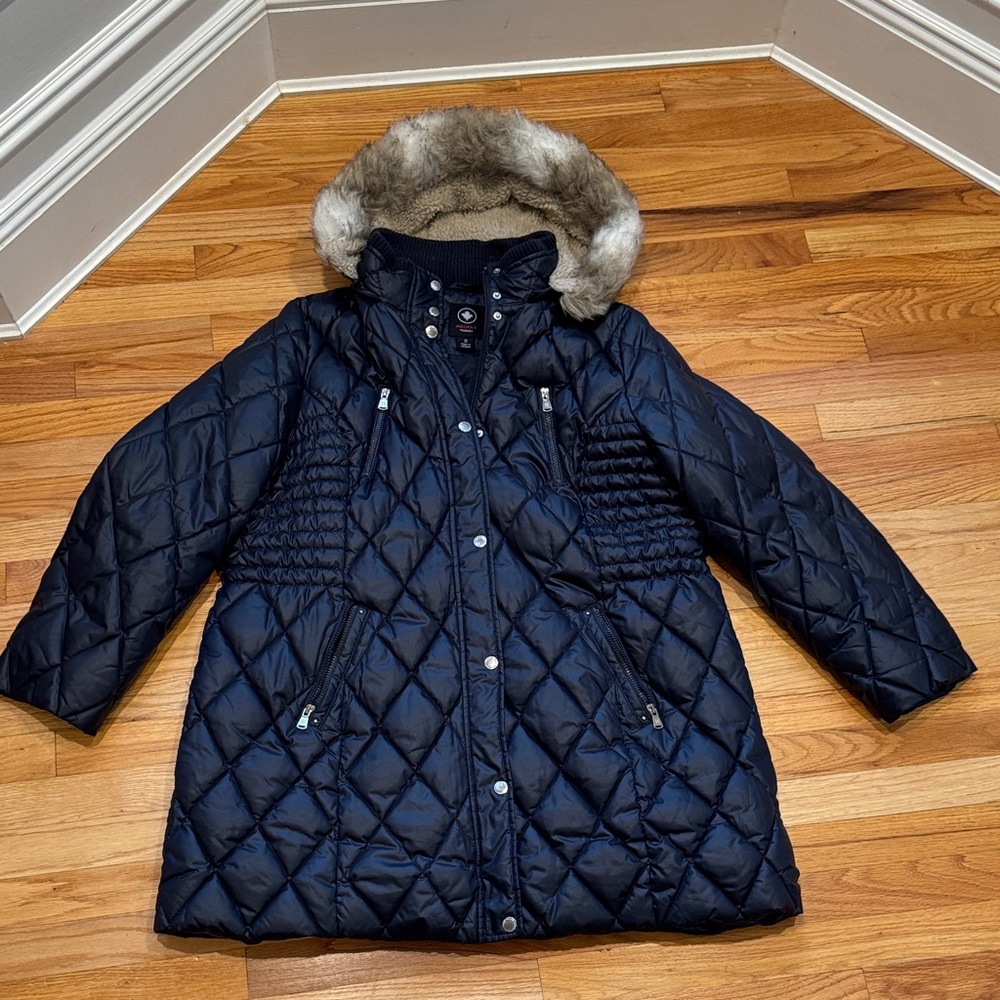 Halifax plus size Women's Navy Quilted Puffer Coat with Faux Fur Hood Sz 2X